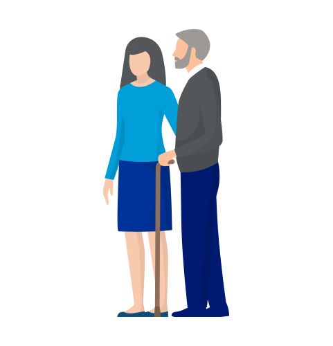 Dialysis patient walking with their caregiver with the help of a cane